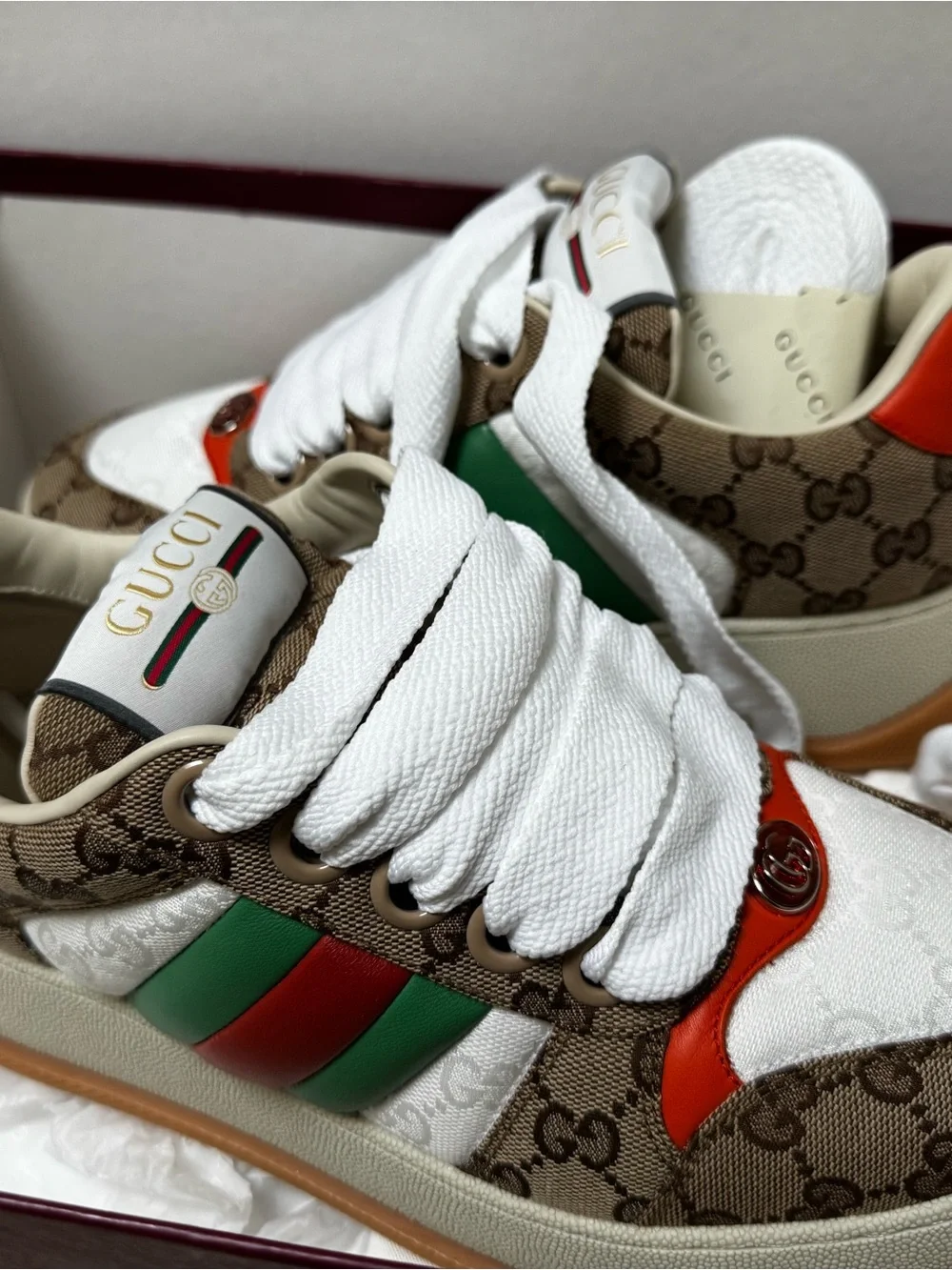 Gucci Brown GG Canvas Sneakers with White, Red & Green Accents